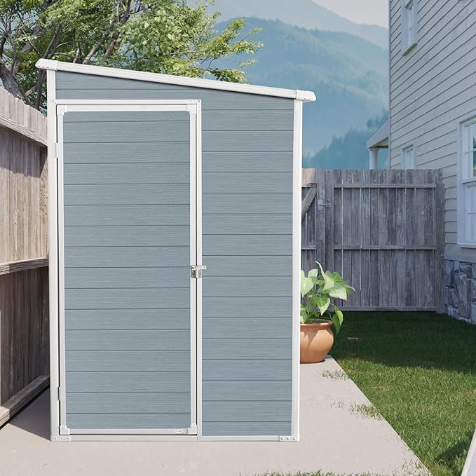 4x8 FT Resin Storage Sheds Outdoor with Floor, 2 Windows & Lockable Door Storage Shed - Waterproof Garden Tool Shed, Patio & Backyard Tool Storage Cabinet Use - Grey