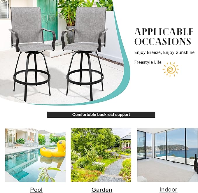Vongrasig 6 Piece Patio Swivel Bar Chairs, All Weather Metal Textile High Swivel Bar Stools Chairs, Outdoor High Top Bistro Set for Backyard, Lawn Garden, Balcony, Light Grey