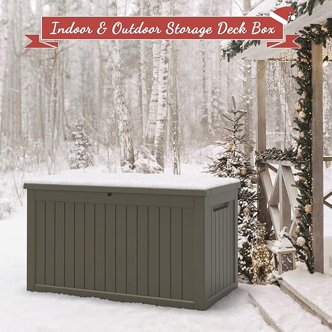NUNU LAB 230 Gallon Outdoor Storage Box, Large Resin Deck Box with Lockable Lid, Waterproof & UV-Resistant Patio Storage Bin for Garden Tools, Pool Accessories & Furniture, Grey