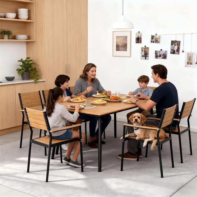 Outdoor Dining Table for 6-8, 82.7 inch Patio Dining Table with Wooden-Like Top and Aluminum Frame, Rectangular Table with Umbrella Hole Outdoor Furniture, Brown