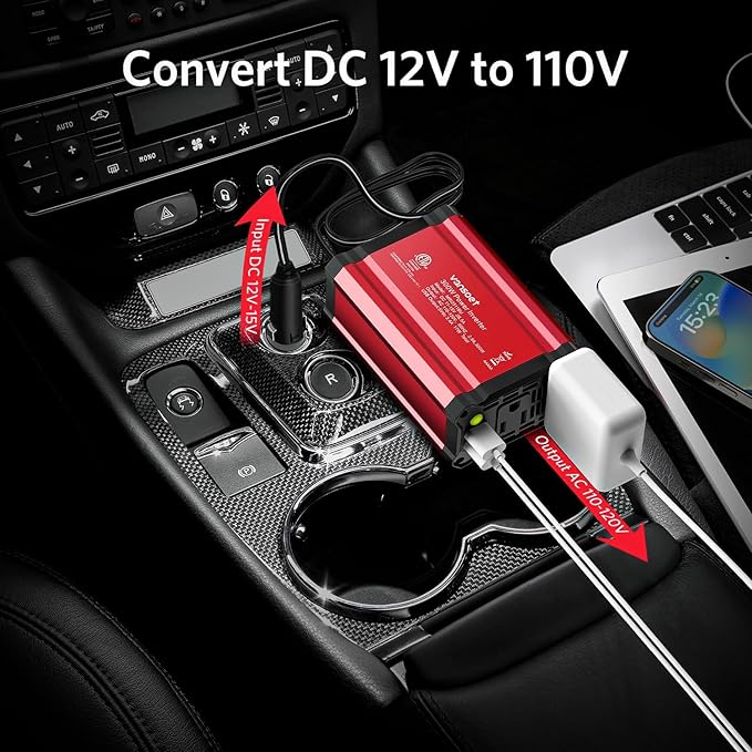 300w Power Inverter DC 12V to AC 110V - vansoet Car Plug Adapter Outlet with 3.4A Dual USB Fast Charging Port - Car Charger Cigarette Lighter Adapter for Phone, Laptop on Road Trip, Aluminum Housing