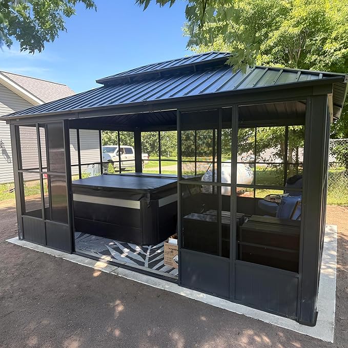 PURPLE LEAF 12' X 16' Solarium Sunroom Permanent Hardtop Screened Gazebo Galvanized Steel Double Roof Aluminum Outdoor Enclosed Gazebo for Hot Tub Lawn Deck Backyard Grey