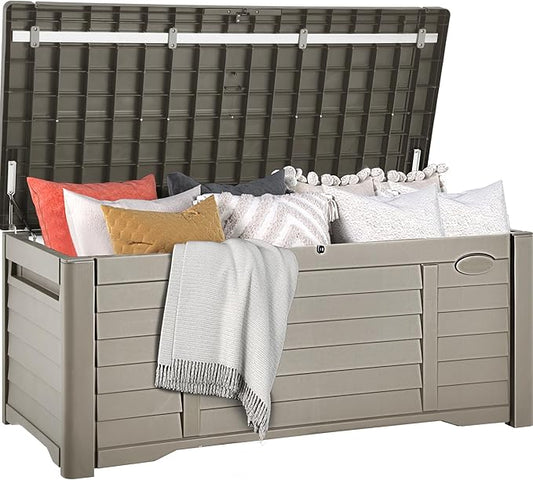 DWVO 120 Gallon Outdoor Storage Box, Large Resin Deck Box with Louver Design, Lockable Patio Storage Bin for Indoor and Outdoor Use, Pillows, Tools, and Pool Supplies -Light Brown