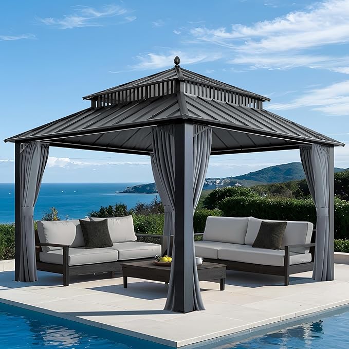 SUNJOY Kingston 12' x 12' Hardtop Gazebo with Galvanized Steel Double Roof, Curtain and Netting, Gray Aluminum Posts Permanent Pavilion Gazebo for Garden, Patio, Deck, Lawn