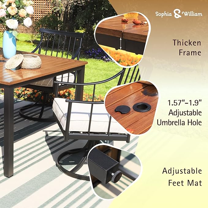 Sophia & William 5 Pcs Patio Furniture Outdoor Dining Set, 42" Square Metal Patio Table and Swivel Chairs with Cushions, Adjustable Umbrella Hole, Conversation Bistro Set for Garden,Yard,Deck