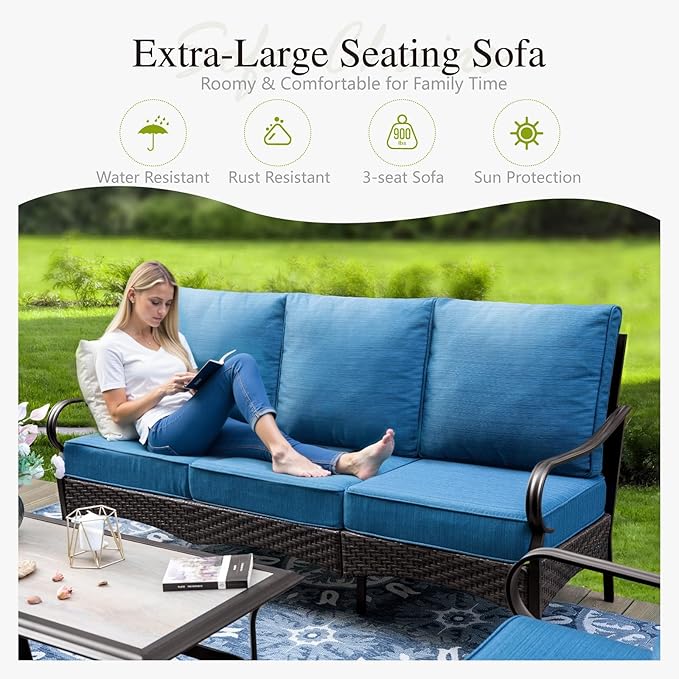 Sophia & William Patio Furniture Set, 5 Piece Metal Outdoor Conversation Set with 3-Seater Outdoor Couch, 2 Sofa Chairs, 1 Loveseat,1 Coffee Table for Outdoor Seating, Backyard, Porch(Navy)