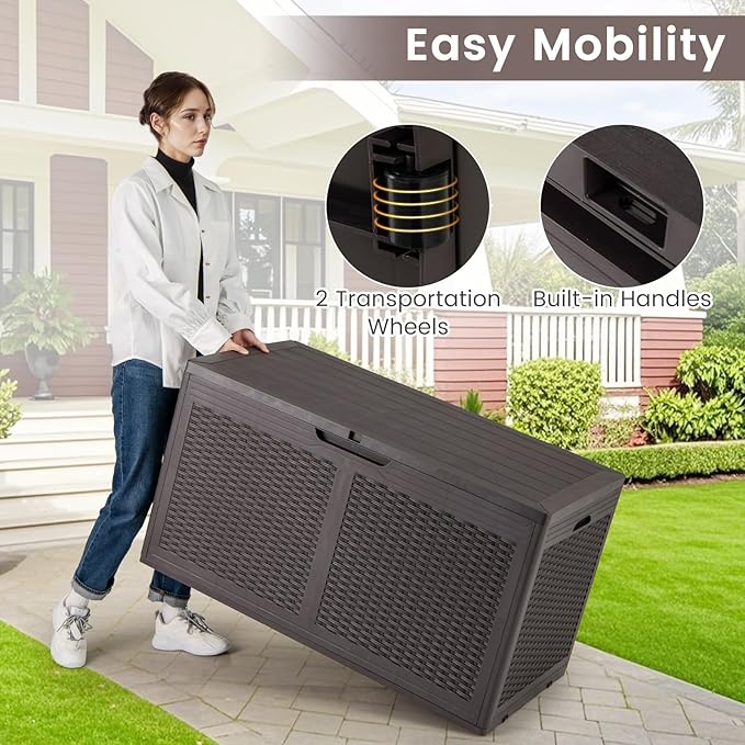 HAPPYGRILL 100 Gallon Resin Deck Box Outdoor Waterproof Storage with Lockable Lid, Rattan Texture Storage Container with Wheels for Pool Accessories, Garden Tool, Patio Furniture Cushion (Brown)