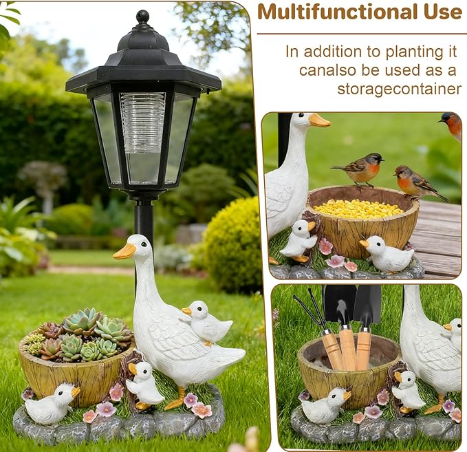 Garden Duck Statues with Solar Lantern Flowerpot Outdoor Decoration, Duck Figurines Yard Art Sculptures for Patio Lawn Backyard Porch Ornaments Unique Housewarming Birthday Gifts for Women Mom