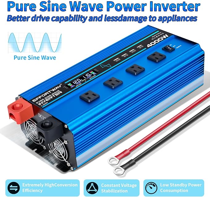 4000w Pure sine Wave Inverter DC 12V to AC 110V/120V Converter, 8000w (Peak) with LCD Display, Wireless/Wired Remote Control, 4AC outlets and 4USB.Ideal for Camping, RV Travel, Off-Grid Solar Systems