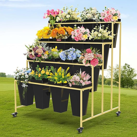 4 Layers Flower Display Stand with Buckets, 16 PCS Buckets Plant Stand with Wheels, Movable Metal Plant Stand for Terrace Garden, Living Room, Florist Shop