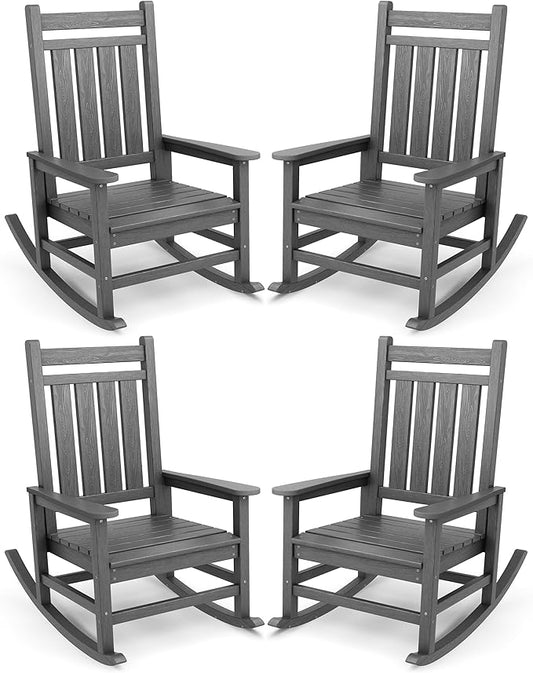SERWALL Oversized Outdoor Rocking Chair Set of 4, HDPE Rocker for Adults, Patio Rocking Chairs for Porch, Grey