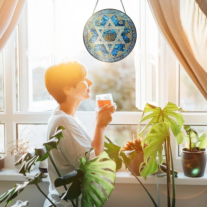 FLAGWIX Christmas Hanukkah Gifts for Women Men - Star of David Stained Glass Window Hanging 10 in - Hanukkah Decorations Suncatcher, Religious Jewish Gifts for Mom Grandma, Christmas Decorations