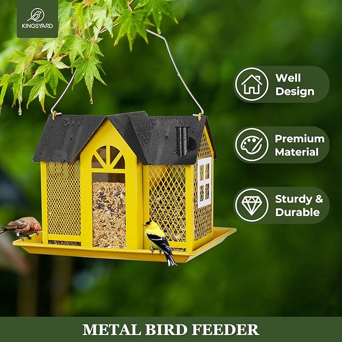 Kingsyard Bird Feeder House for Outside, Metal Mesh Wild Bird Feeder with Triple Feeders for Finch Cardinal Chickadee, Large Capacity, Weatherproof and Durable, Yellow