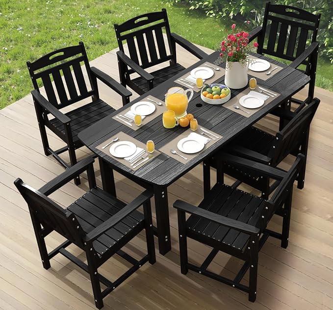 Ciokea HDPE Outdoor Dining Set 7-Piece Patio Table and Chairs with Umbrella Hole, All-Weather Patio Dining Set for 6, Durable Patio Furniture Set for Backyard, Garden, Lawn & Poolside, Black