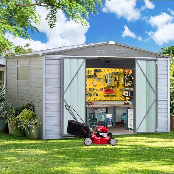 Shed 8' x 8' Storage Shed, 8 x 8 FT Wood Sheds & Outdoor Storage Clearance, Utility and Tool Garden Shed, Waterproof Storage Shed Large with Lockable Doors for Backyard, Patio, Outside Use (Gray)