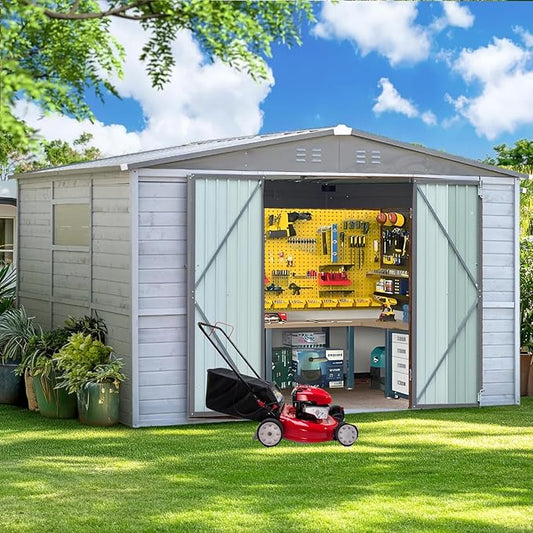 Shed 8' x 8' Storage Shed, 8 x 8 FT Wood Sheds & Outdoor Storage Clearance, Utility and Tool Garden Shed, Waterproof Storage Shed Large with Lockable Doors for Backyard, Patio, Outside Use (Gray)