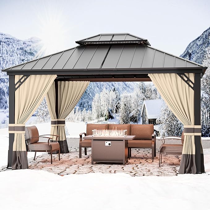 12’x14’ Hardtop Gazebo Outdoor Aluminum Frame Permanent Gazebo Galvanized Steel Double Roof Pergola with Nettings and Curtains for Patio, Lawns,Backyard, Deck(Brown)