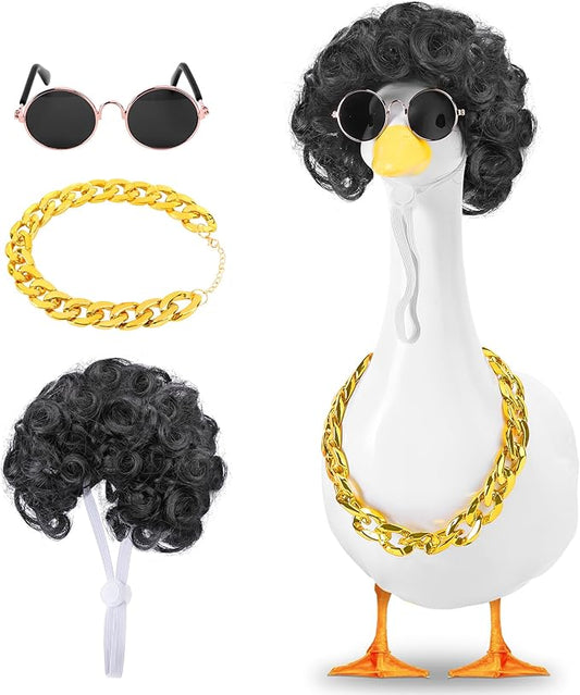 DECOHS 3 Pcs/Set Cool Porch Goose Outfits, Cool Lawn Goose Statue Costume Clothing, Porch Garden Goose Gold Chain Collar Costume Sunglasses Wig for Outdoor Patio Yard Decoration Pet Cosplay Party
