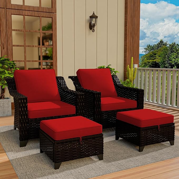 Vista Vibe 4 Pieces Outdoor Patio Conversation Furniture Set - 2 Luxurious Armchairs | 2 Wicker Ottomans, Removable Cushions, Hand-Woven PE Rattan, Office, Porch (Brown/Red)