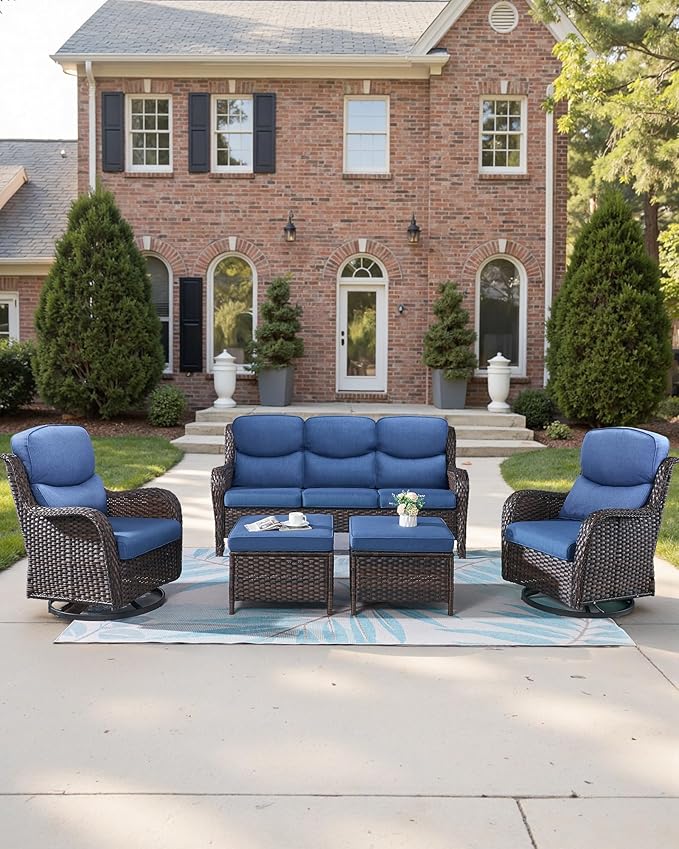 Pop 22x25/22x24 Outdoor Replacement Cushions - 1 Set High Back Deep Seat Patio Furniture Cushion for Wicker Dining Swivel Rocking Chairs Loveseat Couch Sectional Sofa - Navy Blue/Smile