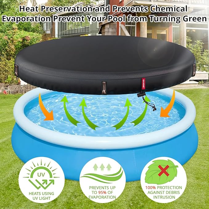 QH.HOME 6ft Round Inflatable Pool Cover for Above Ground Pools, Stock Tank Cover Protector with Attachment, One Piece Tear Resistant Round Hot Tub Cover, Wind and Dust Resistant, Fit Small Pool Cover