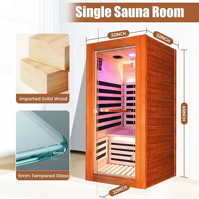 Infrared Sauna for Home Indoor Sauna Wooden Dry Sauna Room Low EMF 1020W for 1 Person with Control Panel, Bluetooth Speaker, Reading Lamp