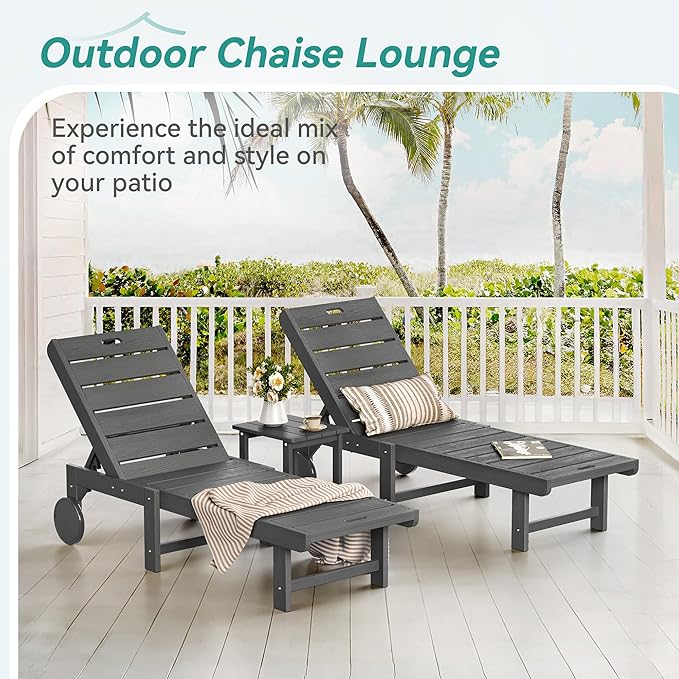 Outdoor Chaise Lounge Chairs, 26.8” Super Wide Lounge Chair Outdoor, HDPS Pool Chairs with 5 Positions, Patio Lounge Chair with Wheels for Pool,Lawn,Backyard, Dark Gray