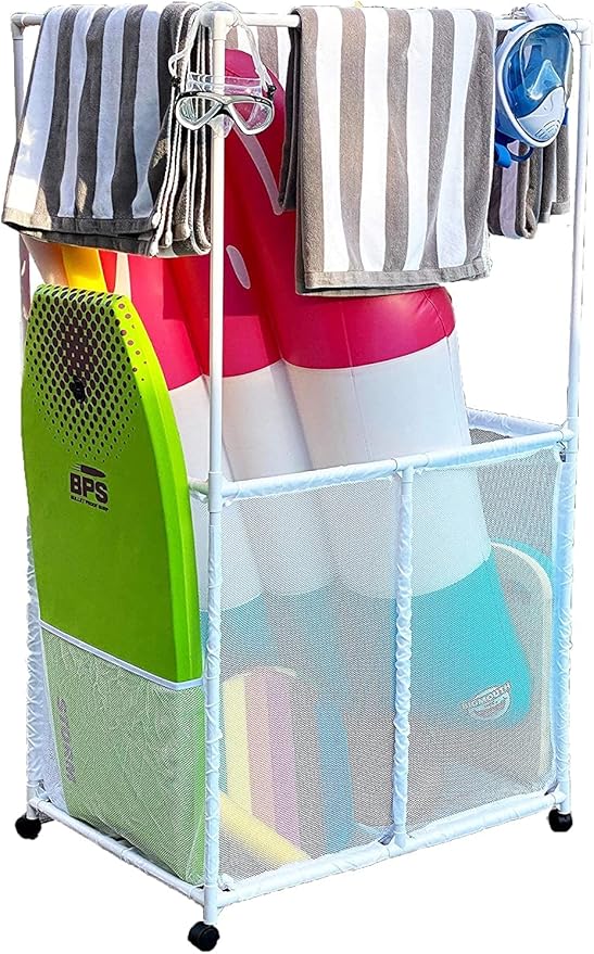 Essentially Yours Pool Equipment Holder with Towel Drying Bars, Mesh Rolling Pool Storage Organizer Bin, Extra Large with Towel Hanger, (34.5" W x 25" L x 62.6" H), White Style 418566