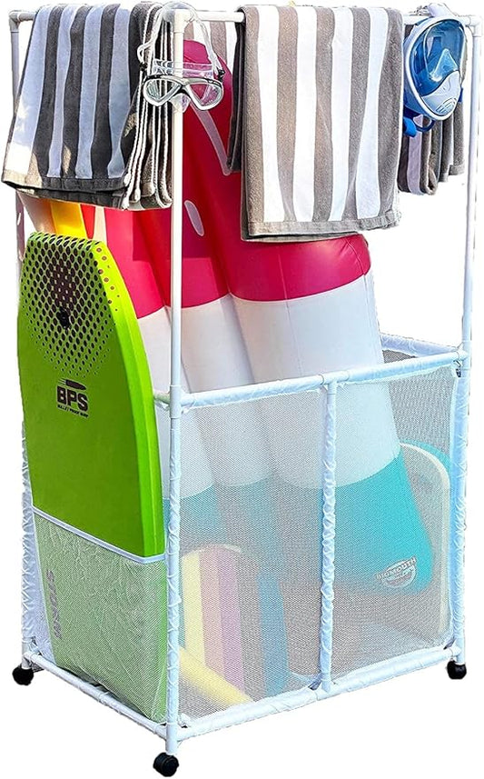 Essentially Yours Pool Equipment Holder with Towel Drying Bars, Mesh Rolling Pool Storage Organizer Bin, Extra Large with Towel Hanger, (34.5" W x 25" L x 62.6" H), White Style 418566