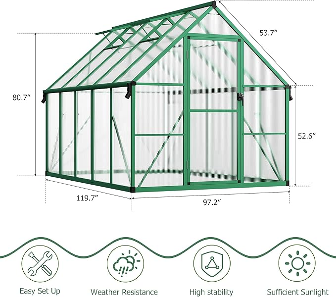 CABIHOME 8x14 FT Outdoor Greenhouse, Polycarbonate Greenhouse with Roof Vent and Ground Nails, Aluminum Large Walk-in Green House w/Lockable Push Door for Outside Garden Backyard (Green, 8x14 FT)