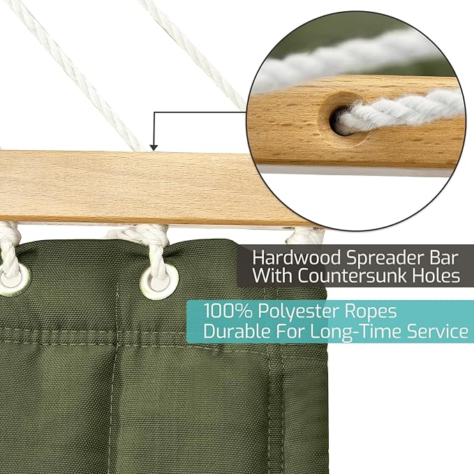 Double Quilted Fabric Hammock with Hardwood Spreader Bars and Pillow 450 LBS Capacity 2 Person Large Hammock for Outdoor Patio Backyard Poolside - Green