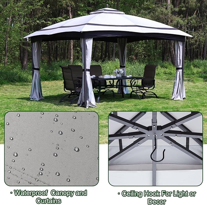 11x13 Gazebo for Patio, Gazebo with Curtains& Sandbags, Double Tier Roof Marquee Canopy for Garden, Deck, Backyard, Lawn (Grey)-Netting not Included