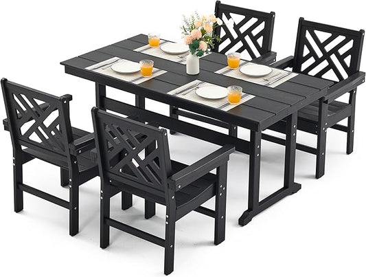 5 Piece HDPE Outdoor Dining Set for 4 Patio Dining Furniture Set with Umberlla Hole, Weather Resistent Outdoor Table and Chairs for Garden, Poolside, Backyard, Deck, Black