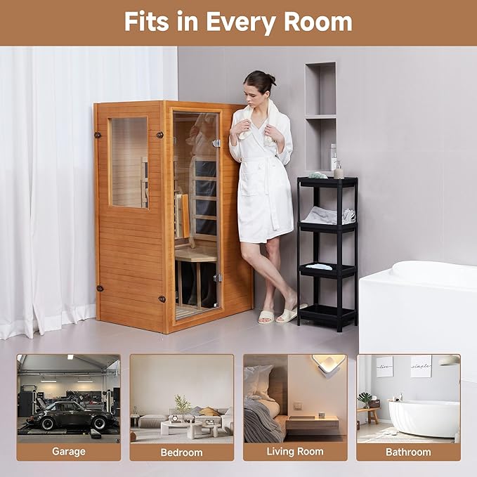 springspa Infrared Sauna Home Sauna, Indoor Far Infrared Saunas for Home, 1 Person Low Emf Canadian Hemlock Wooden Spa Room 950w, 110v with Control Panel