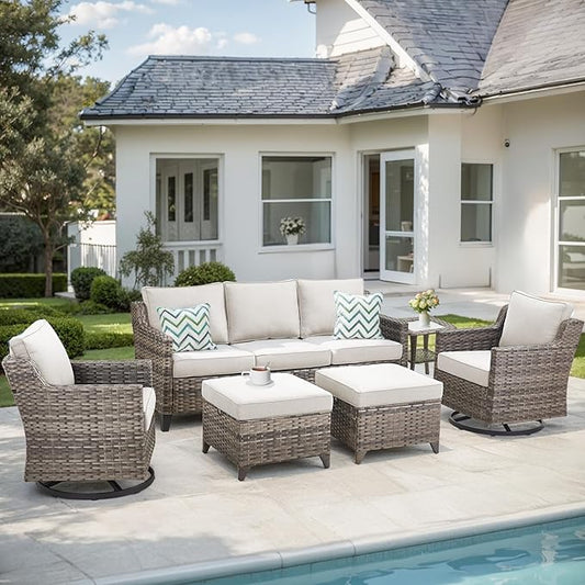 Patio Furniture Set, 6 Pieces Outdoor Wicker Rattan Sofa Couch with Swivel Rocking Chair, Side Table, Ottoman and Comfy Cushions, All Weather Patio Conversation Sets, Suit for Porch