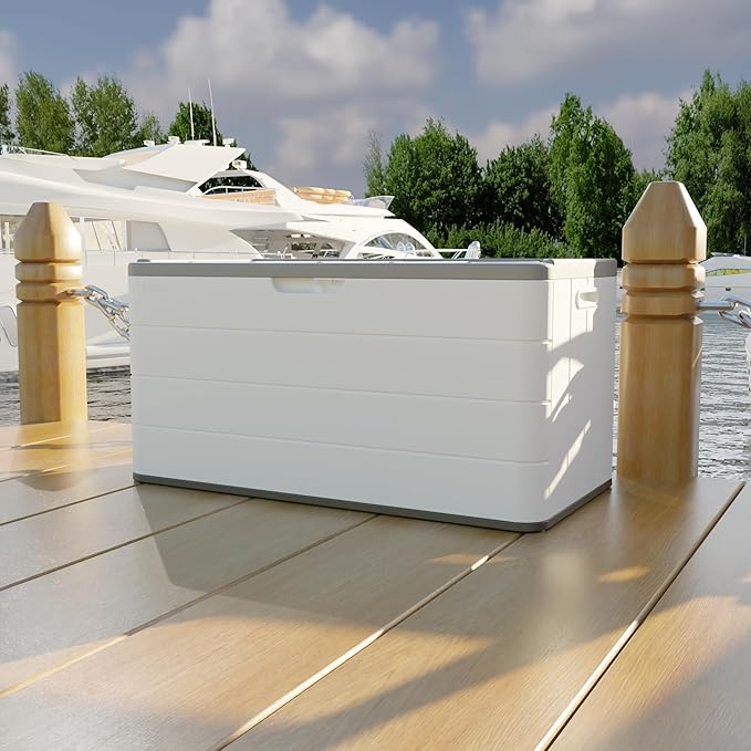 110 Gallon Outdoor Deck Box, Outside Storage Box Waterproof for Cushion Storage, Garden Tools, Lockable Outdoor Storage Bin, Light Beige