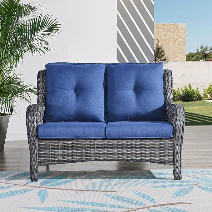 HUMMUH Outdoor Loveseat Sofa 2-Seat PE Rattan Patio Love Seat with Cushions,Deep Seat High Curved Back Armset Sectional Couch for Patio,Garden,Yard,Porch