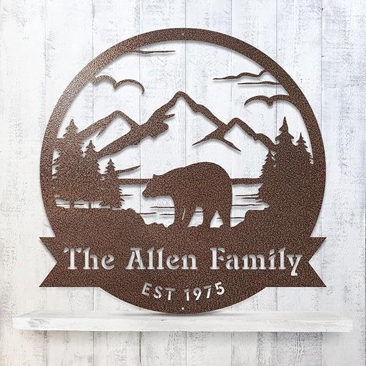 RealSteel Personalized Bear Metal Sign - Custom Outdoor Wall Art with Mountain Scene - Circular Design for Porch, Patio, Lawn & Garden Décor - Rust, 30"