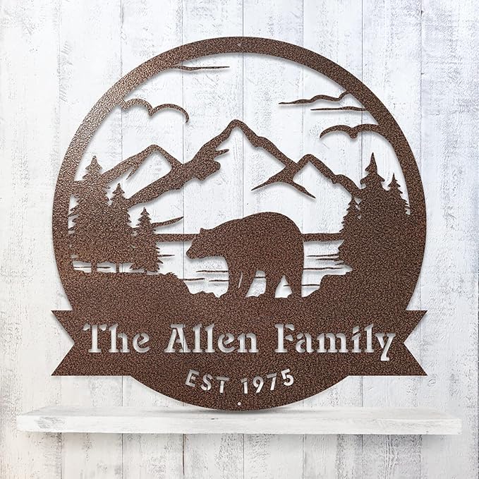 RealSteel Personalized Bear Metal Sign - Custom Outdoor Wall Art with Mountain Scene - Circular Design for Porch, Patio, Lawn & Garden Décor - Rust, 18"