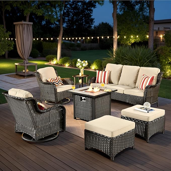HOOOWOOO Patio Furniture Set,7 Piece Outdoor Furniture Set with Fire Pit Table,Wicker Patio Conversation Couch Swivel Chairs Ottoman Set,Beige