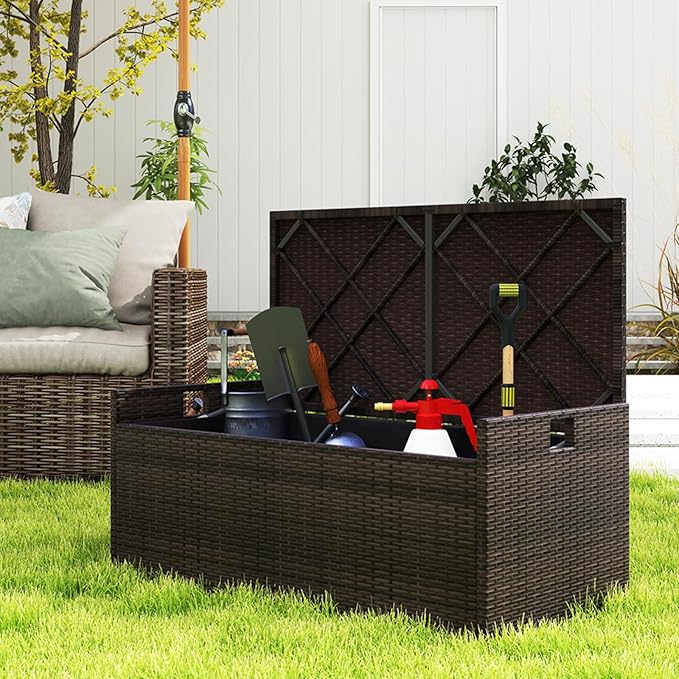 RELAX4LIFE 34-Gallon Outdoor Storage Box - Wicker Rattan Deck Box w/Seat Cushion, Waterproof Liner & Side Handles for Pillows, Patio Cushions, Pool Supplies, Garden Tools, Porch Outdoor Storage Bench