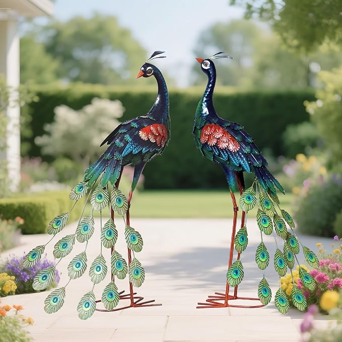 chisheen Garden Decor Outdoor Statues, Metal Peacock Decor for Outside, Garden Art Sculptures Standing for Patio Yard Lawn Home Decorations, Set of 2