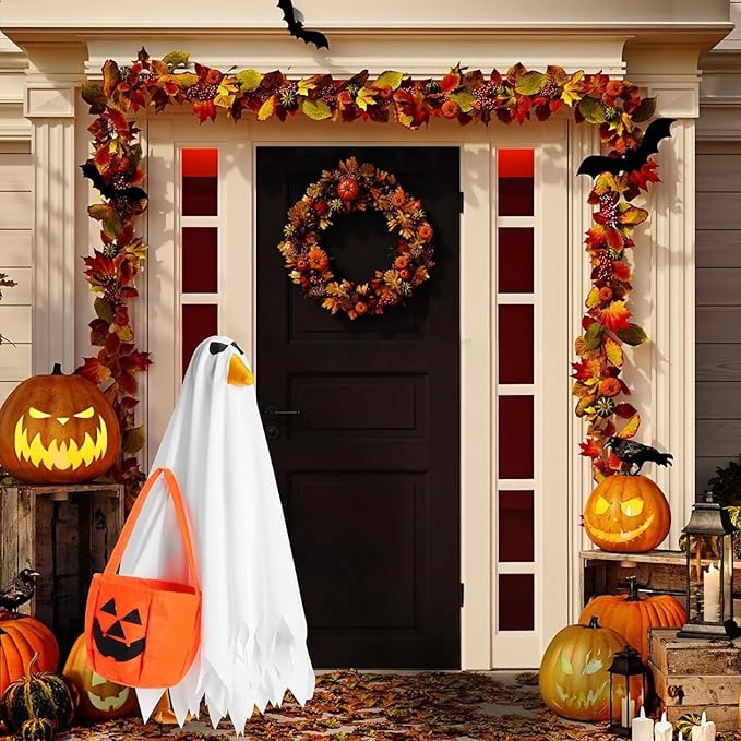 Halloween Porch Goose Outfit for 23'' Plastic Statue Lawn Porch Goose Clothes Halloween Goose Outfit Ghost for Indoor Outdoor Patio Yard Lawn Art Decor