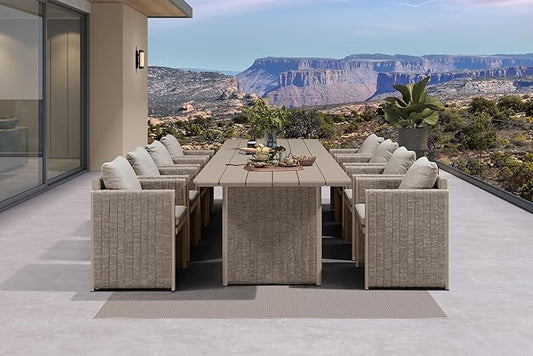 PURPLE LEAF 9 Pieces Outdoor Patio Dining Set Modern Large Weather-Resistant Table and Aluminum Chairs with Olefin Fabric Cushions for Garden Backyard Deck Furniture Beige