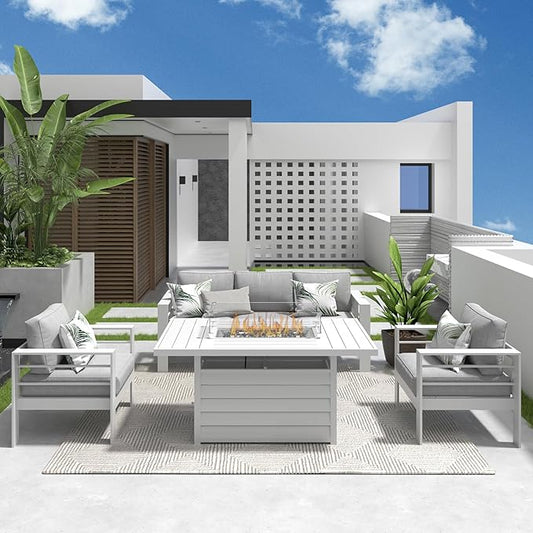 Solaste Aluminum Patio Furniture Set with Fire Pit Table, 4 Piece Metal Outdoor Furniture with Water-Resistant Cushions, Modern Patio Conversation Set for Balcony, Front Porch, and Backyard, White