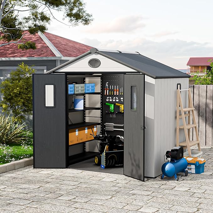 COOS BAY 8x6 Outdoor Resin Storage Shed with Floor, 2 Lockable Doors, All-Weather Durable Garden Shed for Tools & Equipment, White/Gray