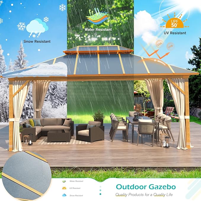 12'x16' Gazebo, YOLENY Outdoor Wood Grain Hardtop Gazebos on Clearance, Aluminum Composite Double Roof with Privacy Curtain and Mosquito Net for Patio, Lawn, Garden, Deck, Gray