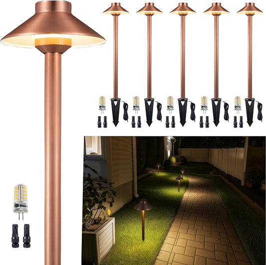 Gardenreet LED Brass Copper Landscape Path Lights(Hat), Waterproof Outdoor 12V Low Voltage for Walkway Driveway Garden Yard with Ground Stake with 3W 2700K G4 Bulb(6 Pack)