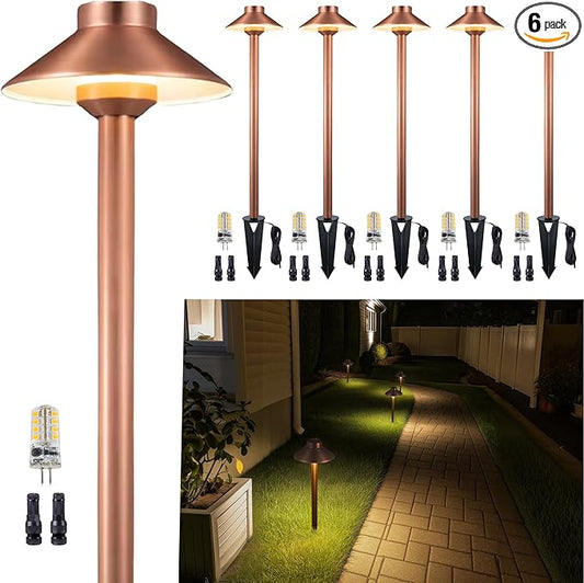 Gardenreet Brass Copper Low Voltage Pathway Lights, Waterproof Landscape Outdoor Path Light, 12V LED Bronze Hat Top Driveway Lamp for Garden Yard House with 3W 270LM 4000K G4 Bulb 6 Pack