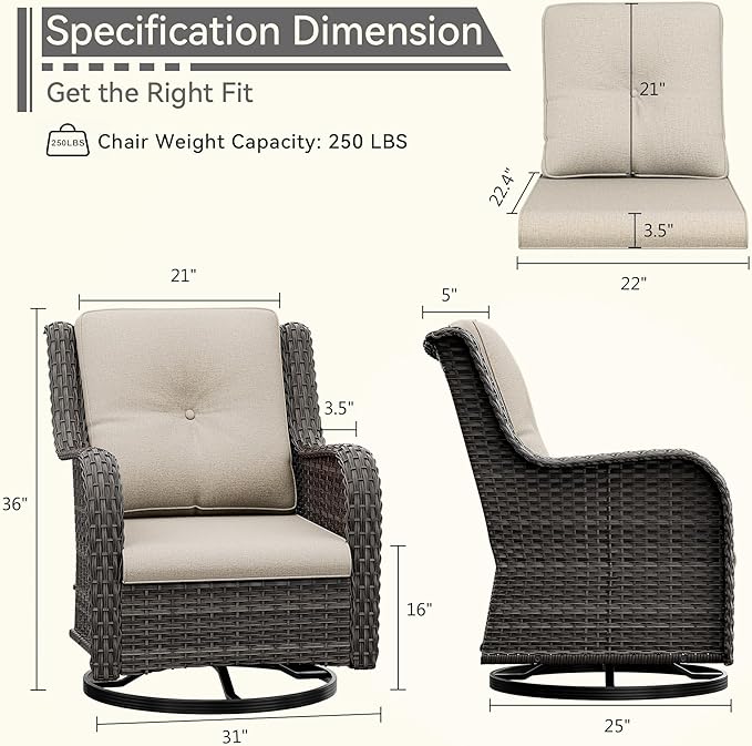 Outdoor Swivel Rocker Patio Chair - Outdoor Wicker Patio Glider Chair with Olefin Fabric Cushions Suitable for Backyard Deck and Porch, Beige